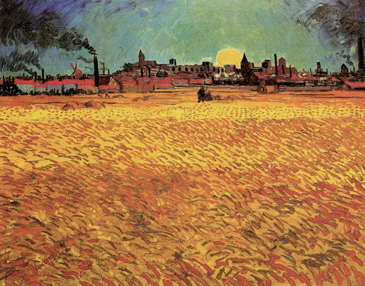 Картина Ван Гога Закат, пшеничные поля близ Арля 1888